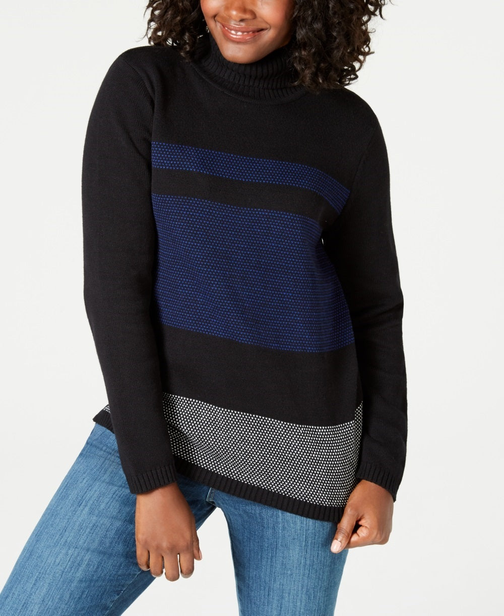 Karen Scott Women's Petite Colorblocked Cotton Turtleneck Sweater Blue Size Petite Large