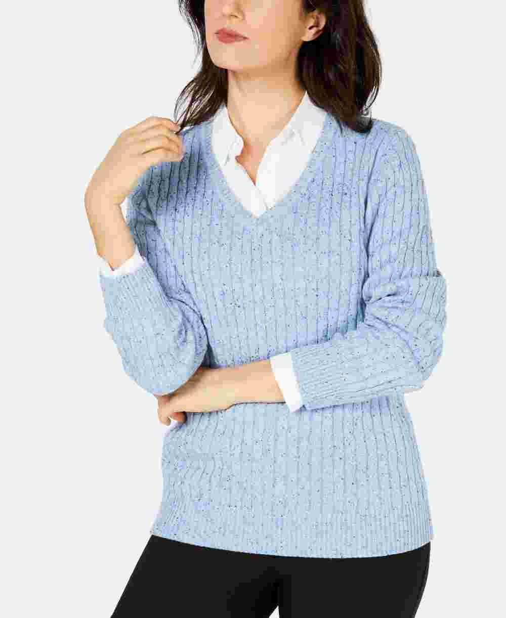 Karen Scott Women's Textured Speckle Long Sleeve V Neck Sweater Blue Size Petite Large