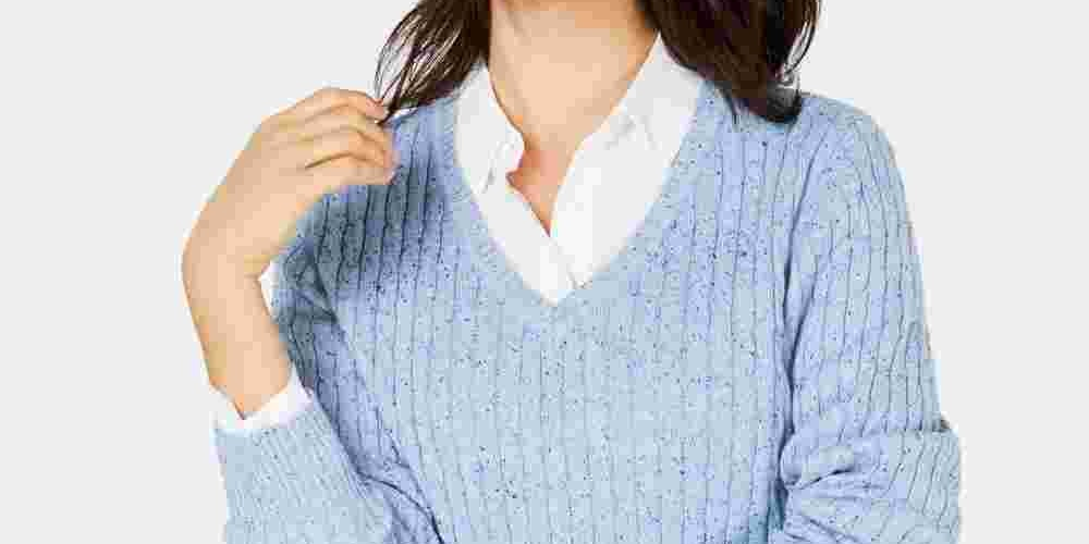 Karen Scott Women's Textured Speckle Long Sleeve V Neck Sweater Blue Size Petite Large