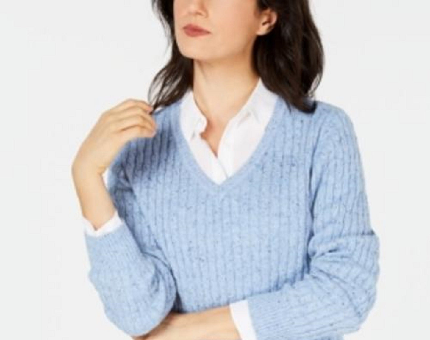 Karen Scott Women's Petite Cable-Knit V-Neck Sweater Blue Size Petite