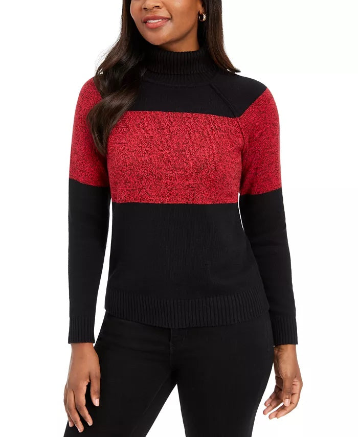 Karen Scott Women's Petite Colorblock Cotton Turtleneck Sweater Bright Red Size Large