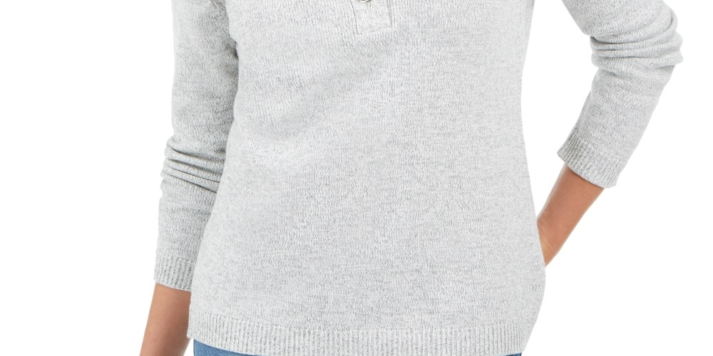 Karen Scott Women's Petite Hardware-Trim Cotton Henley Sweater Gray Size Petite Large