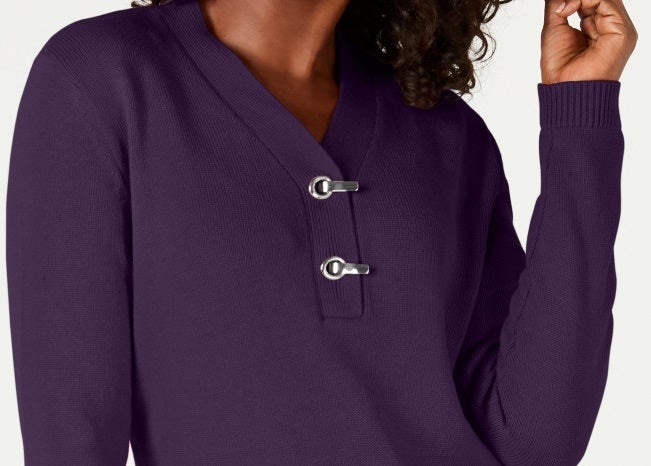 Karen Scott Women's Hardware V Neck Cotton Sweater Purple Size X-Small