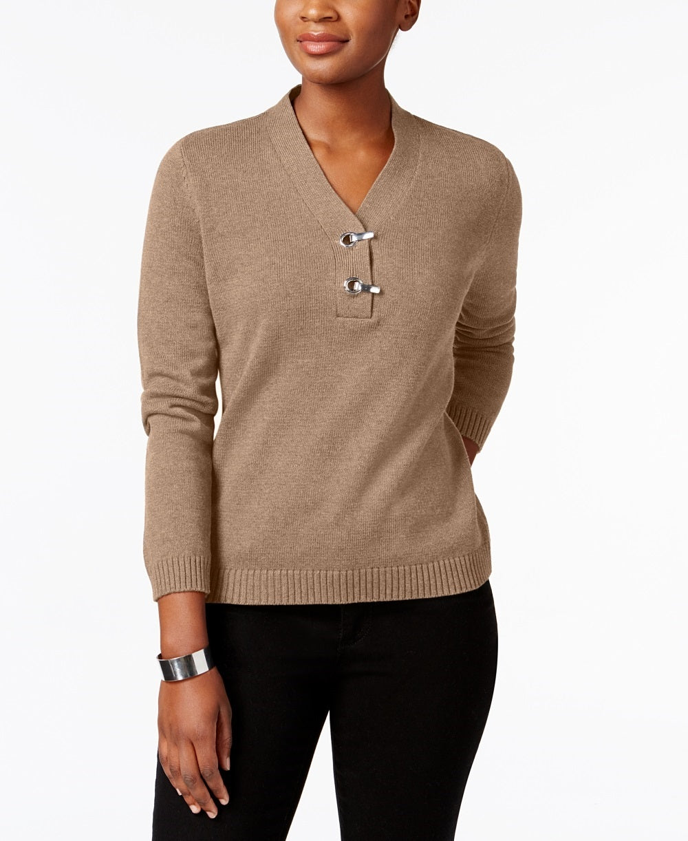 Karen Scott Women's Petite Cotton Toggle Henley Sweater Brown Size Petite Small