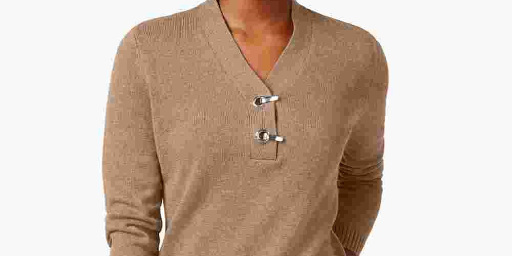 Karen Scott Women's Petite Cotton Toggle Henley Sweater Brown Size Petite Small