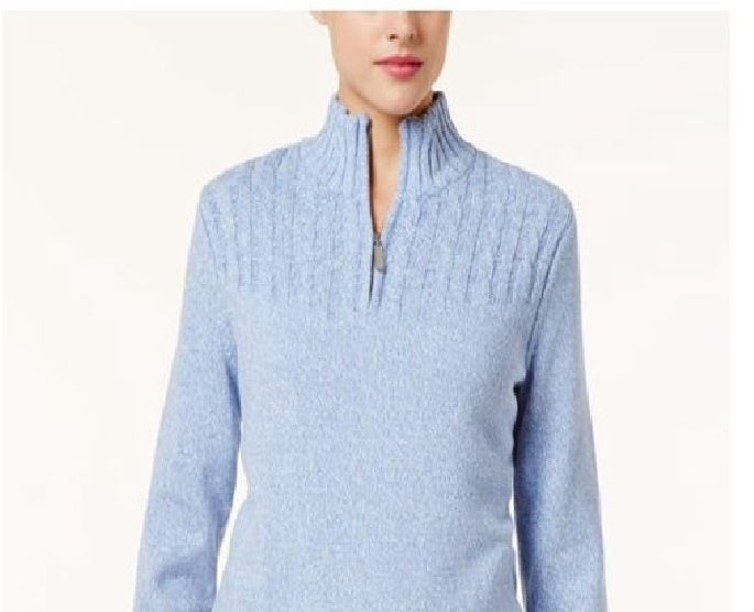 Karen Scott Women's Solid Long Sleeve Zip Neck Sweater Blue Size Petite Small