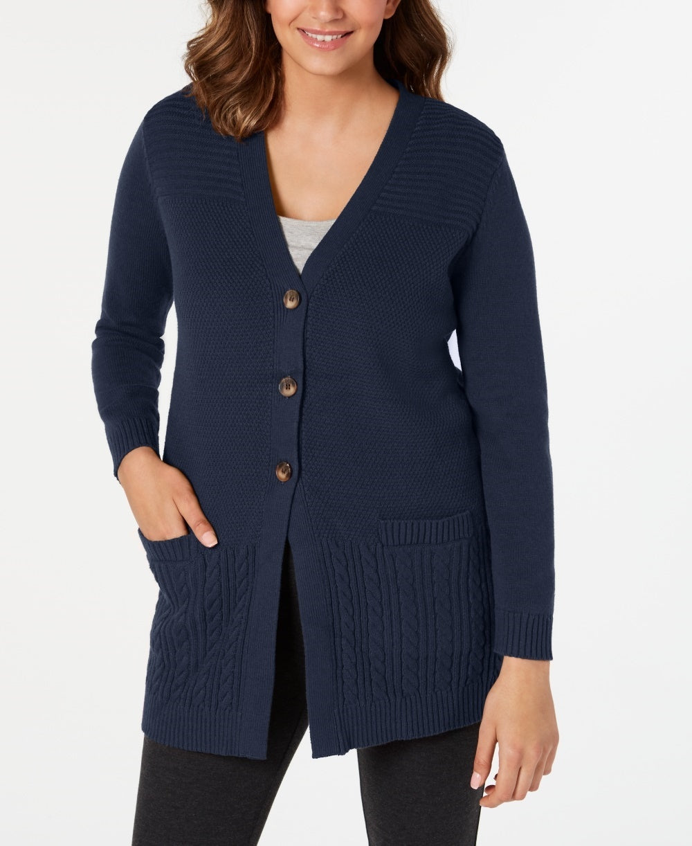 Karen Scott Women's Mixed-Stitch Button-Front Cardigan Navy Size X-Small
