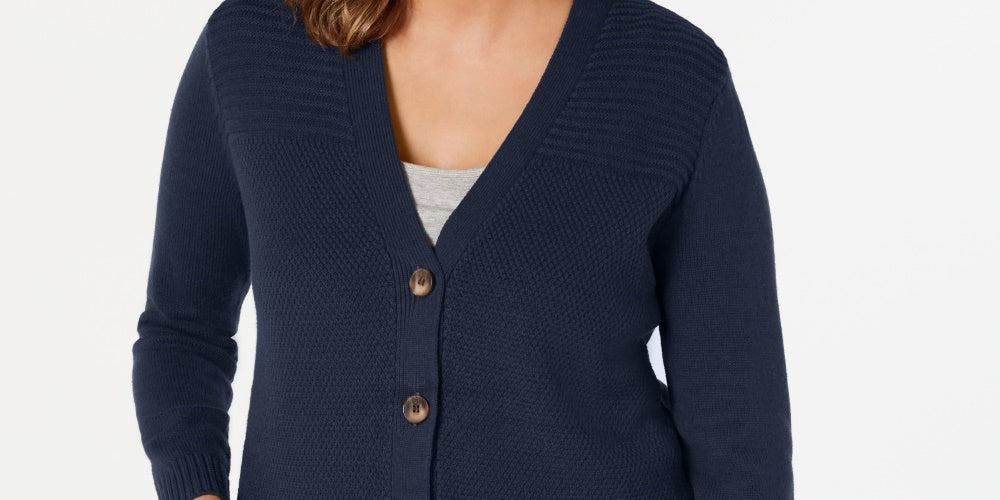 Karen Scott Women's Mixed-Stitch Button-Front Cardigan Navy Size X-Small