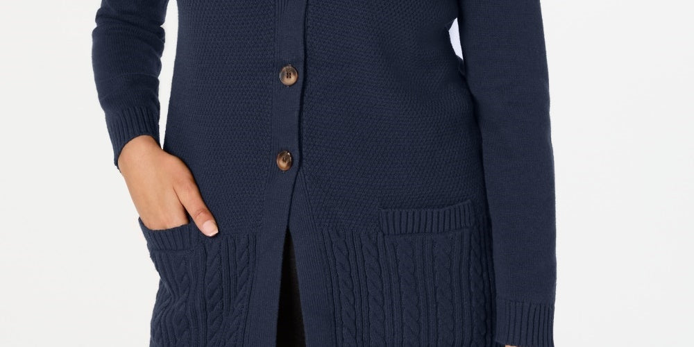 Karen Scott Women's Mixed-Stitch Button-Front Cardigan Navy Size X-Small