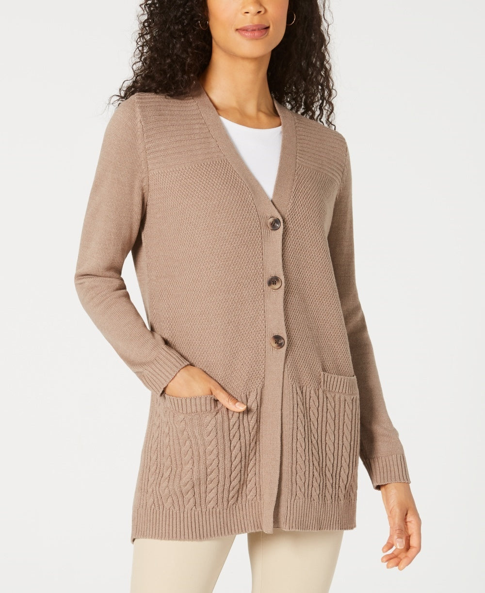 Karen Scott Women's Mixed-Stitch Button-Front Cardigan Brown Size X-Small