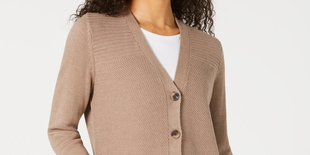 Karen Scott Women's Mixed-Stitch Button-Front Cardigan Brown Size X-Small