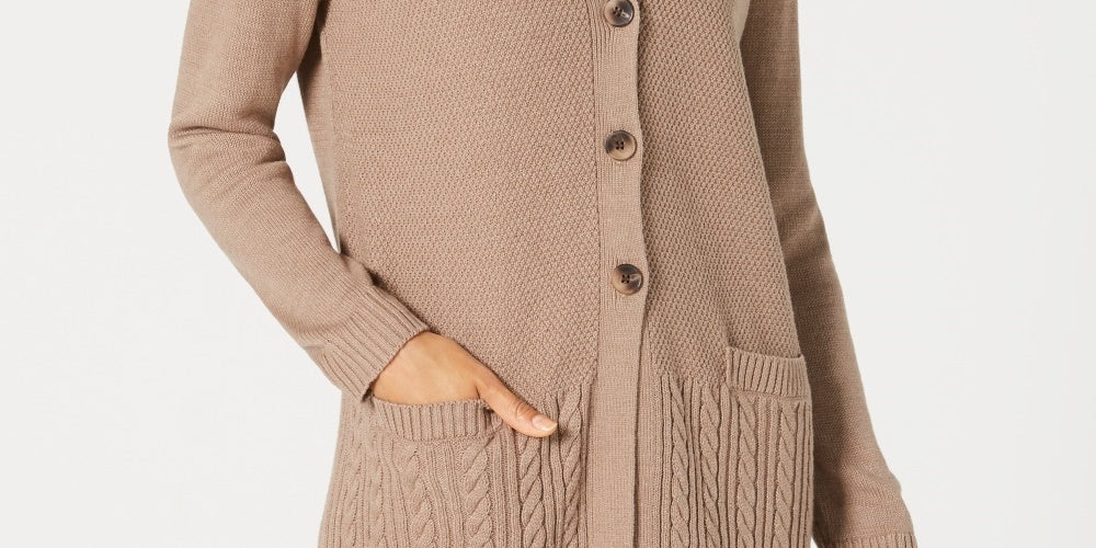 Karen Scott Women's Mixed-Stitch Button-Front Cardigan Brown Size X-Small