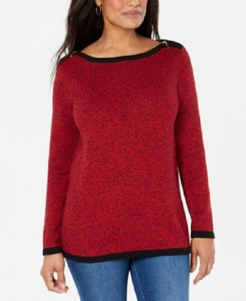 Karen Scott Women's Cotton Contrast-Trim Sweater  Bright Red Size X-Small