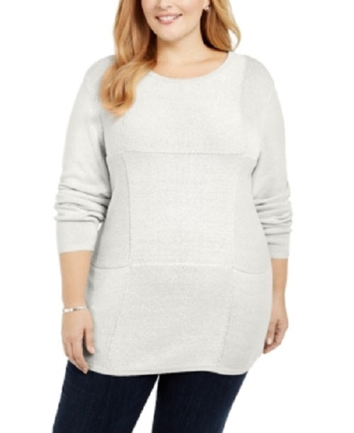Karen Scott Women's Plus Tunic Lightweight Sweater Patchwork Winter White Size 2X