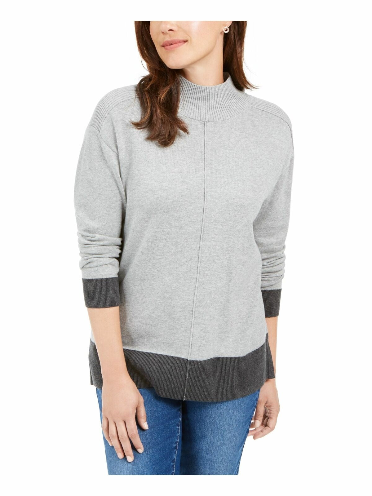 Karen Scott Women's Erin Cotton Colorblocked Mock Neck Sweater Gray Size Large