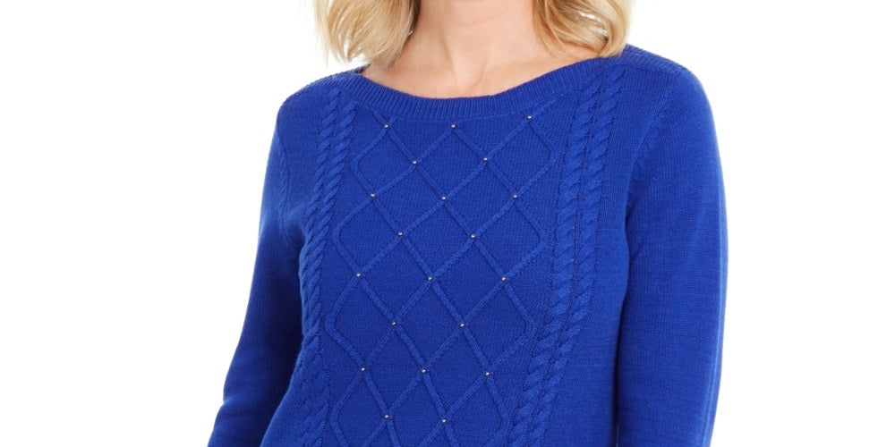Karen Scott Women's Cable-Knit Beaded Sweater  Blue Size Small