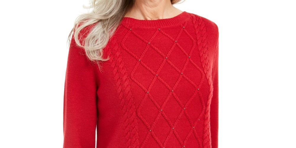 Karen Scott Women's Cable Knit Beaded Sweater Red Size Medium