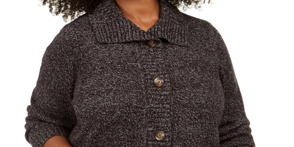 Karen Scott Women's Plus Size Marled Wing-Collar Cardigan Black Size 0X