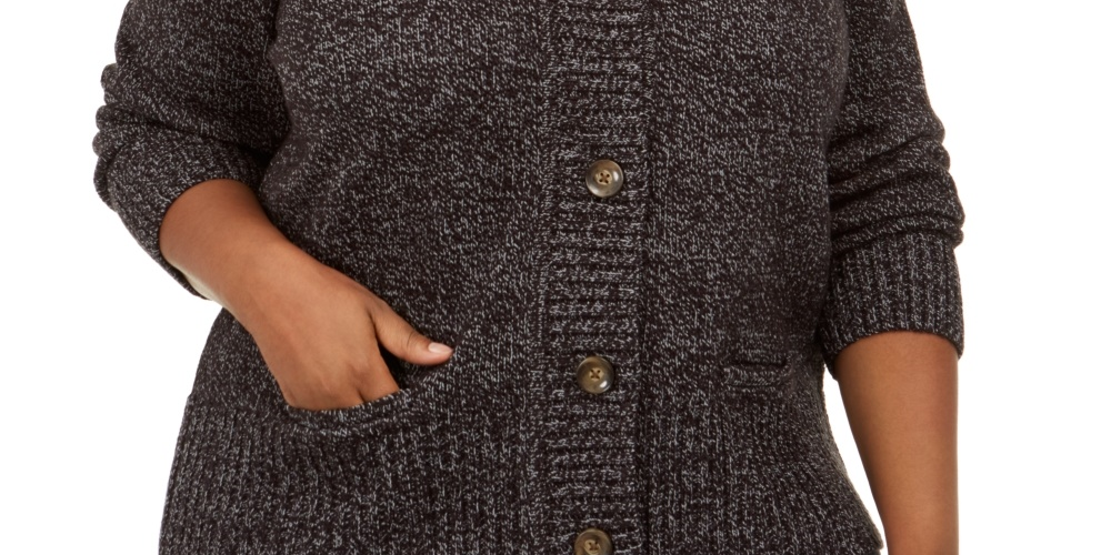 Karen Scott Women's Plus Size Marled Wing-Collar Cardigan Black Size 0X