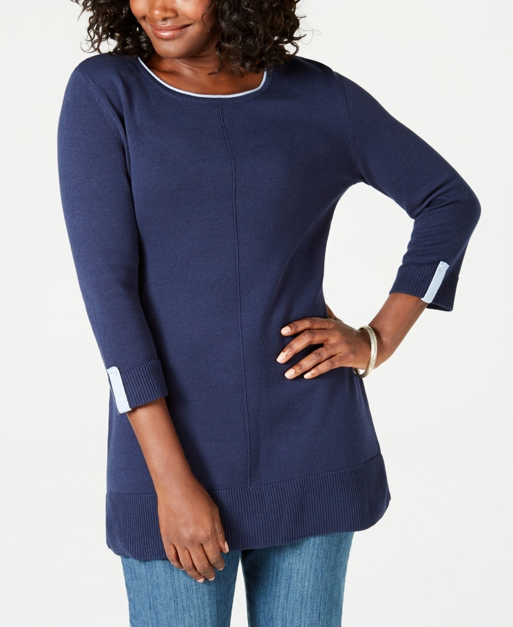 Karen Scott Women's Ribbed 3/4 Sleeve Jewel Neck Sweater Navy Size X-Small