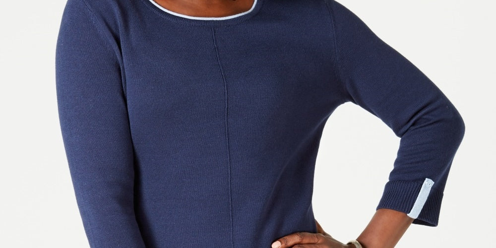 Karen Scott Women's Ribbed 3/4 Sleeve Jewel Neck Sweater Navy Size X-Small