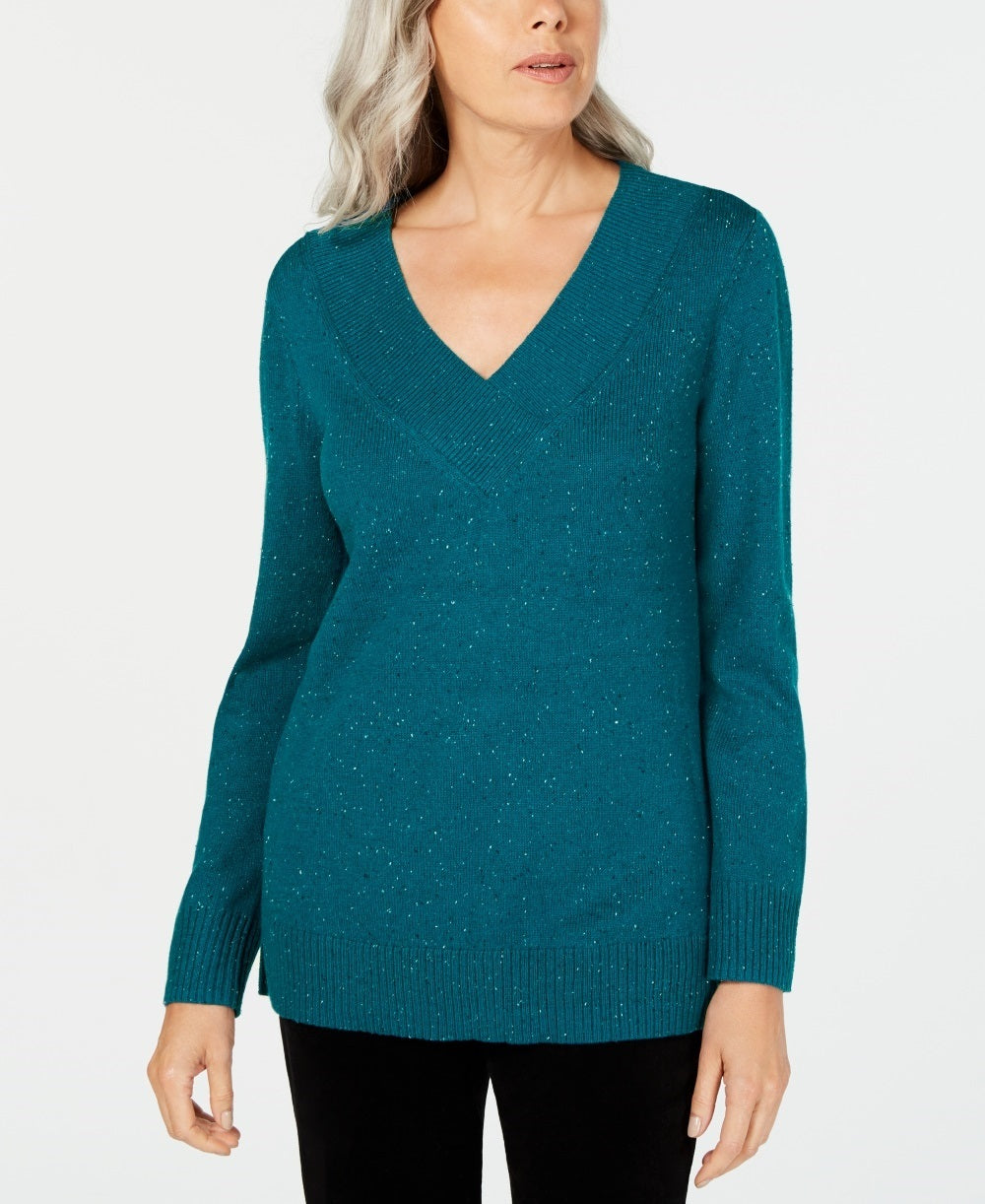 Karen Scott Women's V-Neck Long-Sleeve SweaterTeal Size X-Small