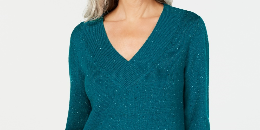 Karen Scott Women's V-Neck Long-Sleeve SweaterTeal Size X-Small
