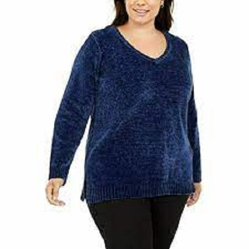 Karen Scott Women's Plus Size V-Neck Chenille Sweater Dark Blue Size 2X