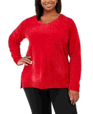 Karen Scott Women's Plus Chenille Pullover V Neck Sweater Red Size 1X