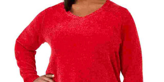 Karen Scott Women's Plus Chenille Pullover V Neck Sweater Red Size 1X
