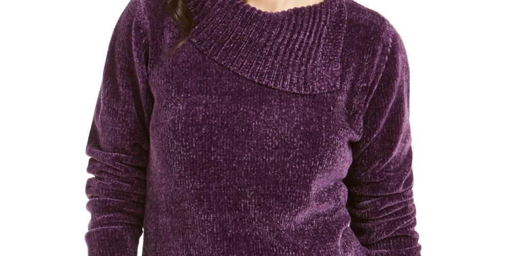 Karen Scott Women's Petite Envelope-Neck Chenille Sweater Purple Size Petite