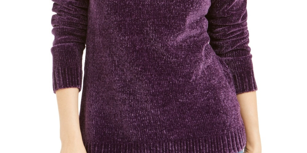 Karen Scott Women's Petite Envelope-Neck Chenille Sweater Purple Size Petite