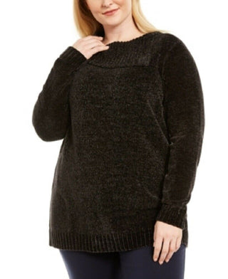 Karen Scott Women's Plus Size Chenille Split Neck Pullover Black Size 3X