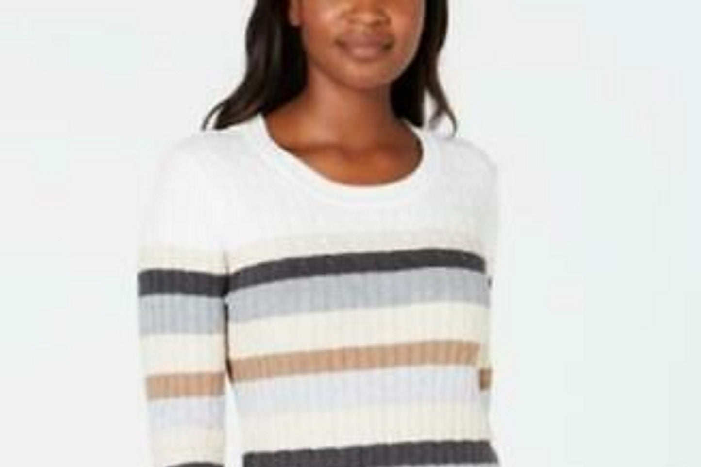 Karen Scott Women's Petite Striped Cotton Cable-Knit Sweater Brown Size Petite