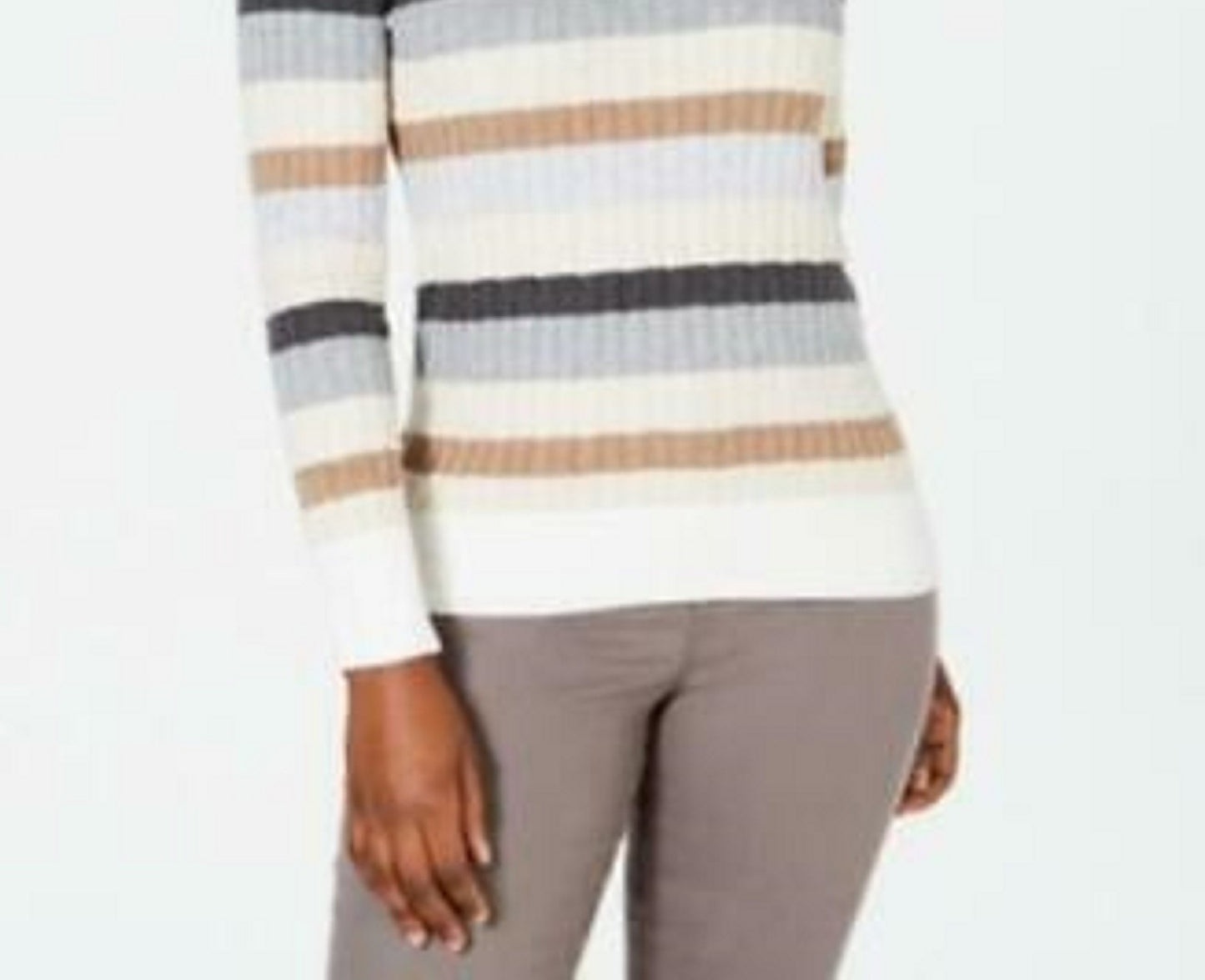 Karen Scott Women's Petite Striped Cotton Cable-Knit Sweater Brown Size Petite