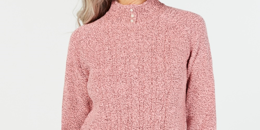 Karen Scott Women's Petite Mock-Neck Cable-Knit Sweater Pink Size Petite Large