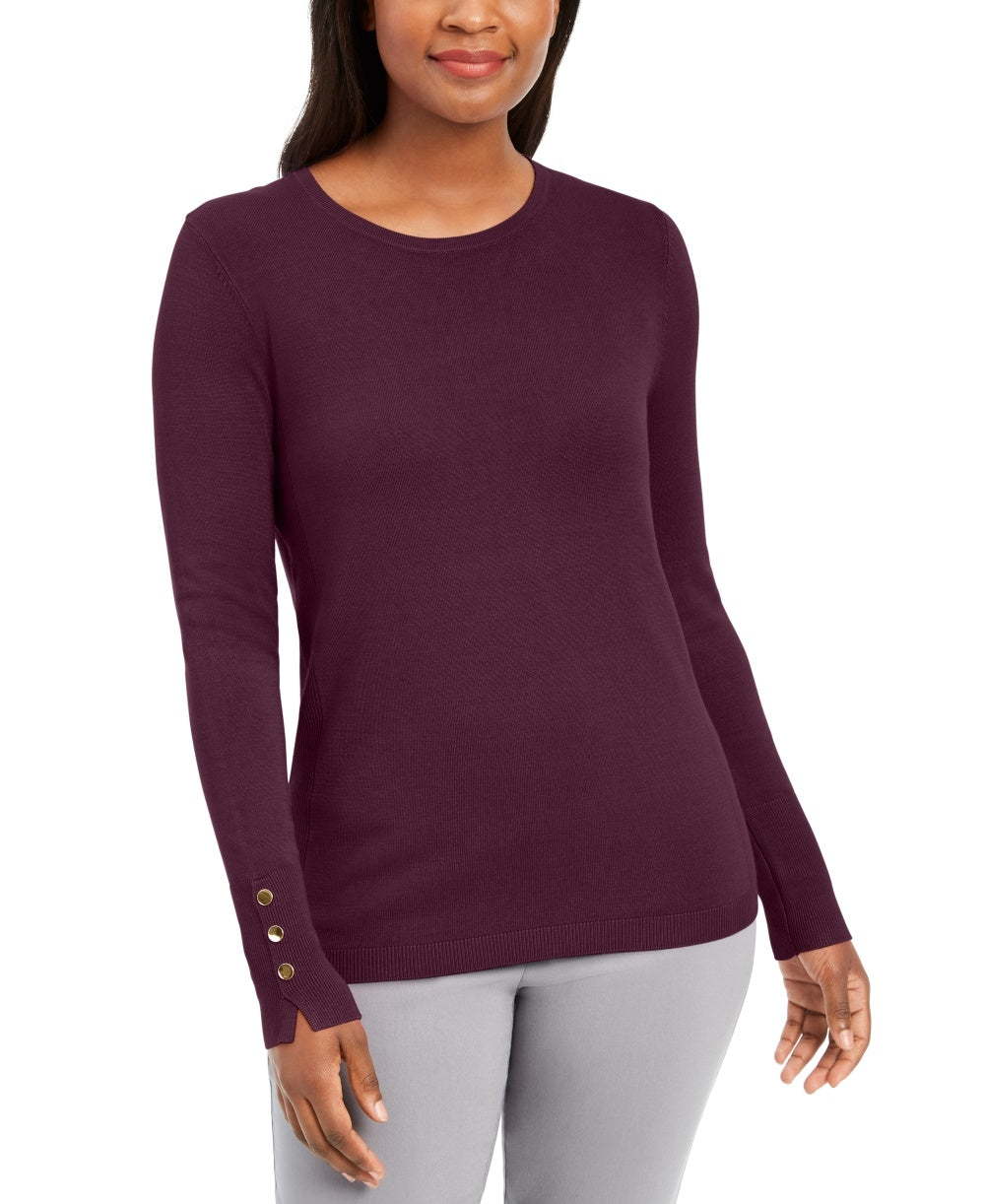 JM Women's Collection Button-Cuff Crewneck Sweater Dark Purple Size Small