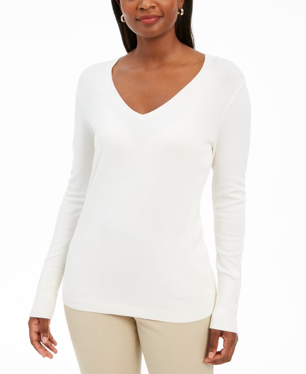 JM Collection Women's Embellished-Sleeve V-Neck Sweater Natural Size Large