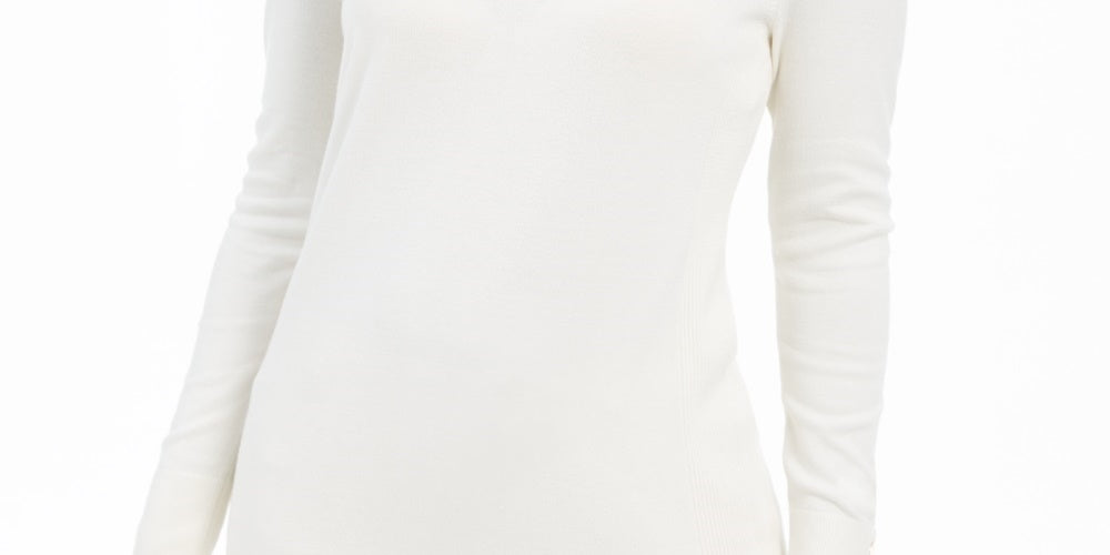JM Collection Women's Embellished-Sleeve V-Neck Sweater Natural Size Large