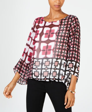 Alfani Women's Pink Patterned 3/4 Sleeve Jewel Neck Top Pink Size Petite Medium