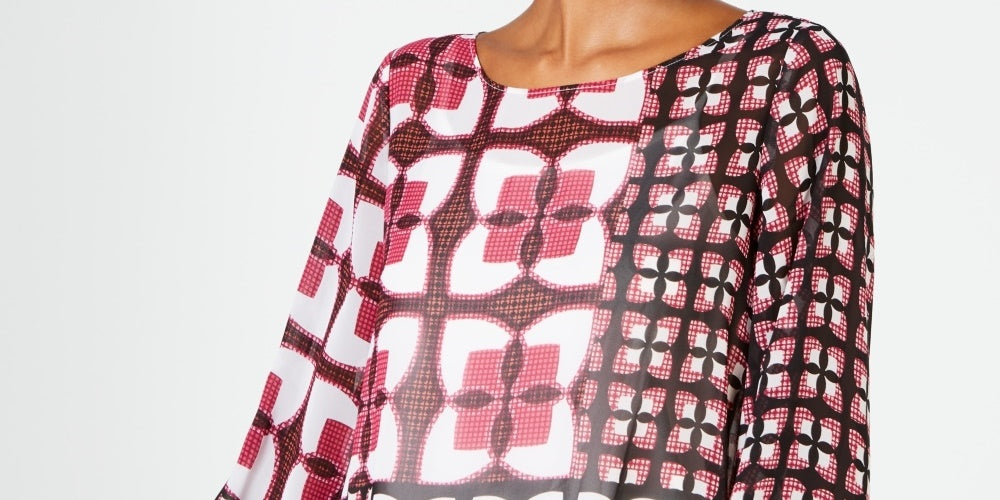 Alfani Women's Pink Patterned 3/4 Sleeve Jewel Neck Top Pink Size Petite Medium