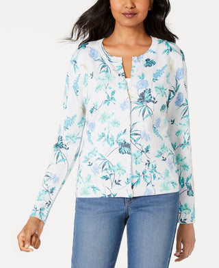 Charter Club Women's Floral-Print Cardigan Blue Size Medium