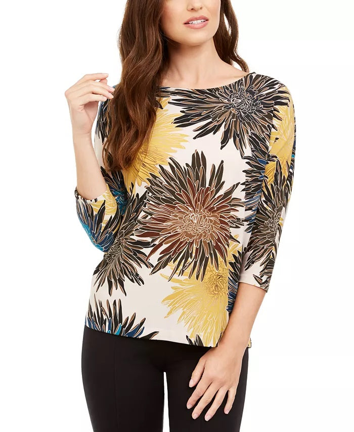 Alfani Women's Printed Boat-Neck Top Navy Size Petite Small