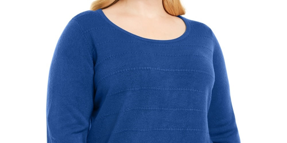 Karen Scott Women's Ribbed Trim Stiped Texture Pullover Sweater Navy Size 2X