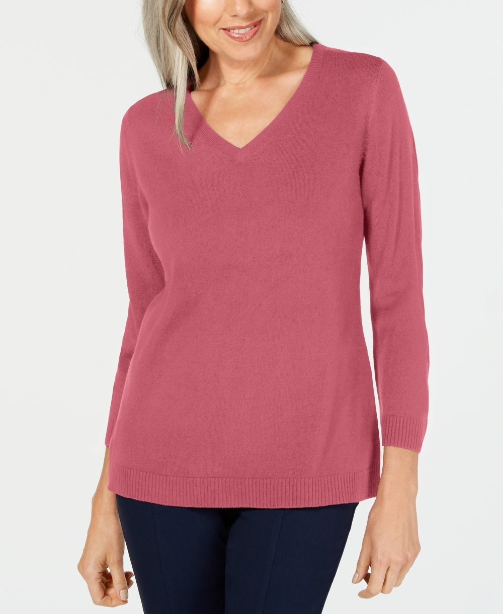 Karen Scott Women's V Neck Sweater Pink Size Petite Small
