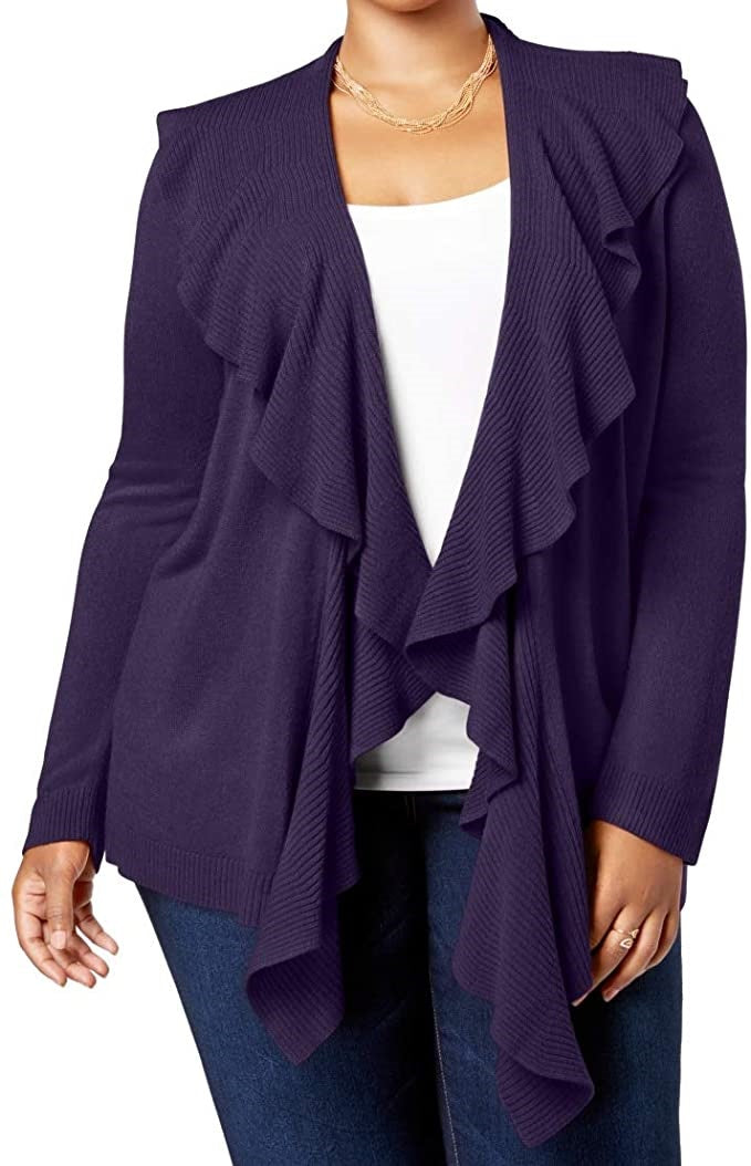 Karen Scott Women's Plus Size Ruffle Neckline Cardigan Sweater Purple Size 3X