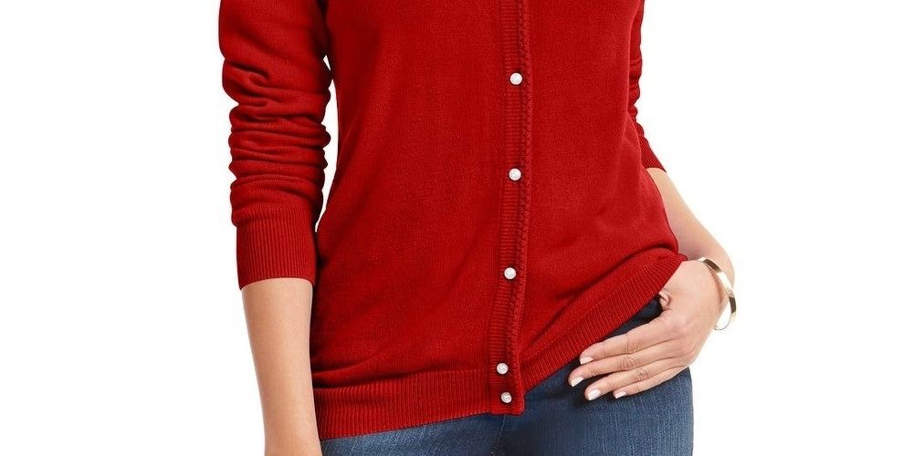 Karen Scott Women's Bead Button Cardigan Red Size Small