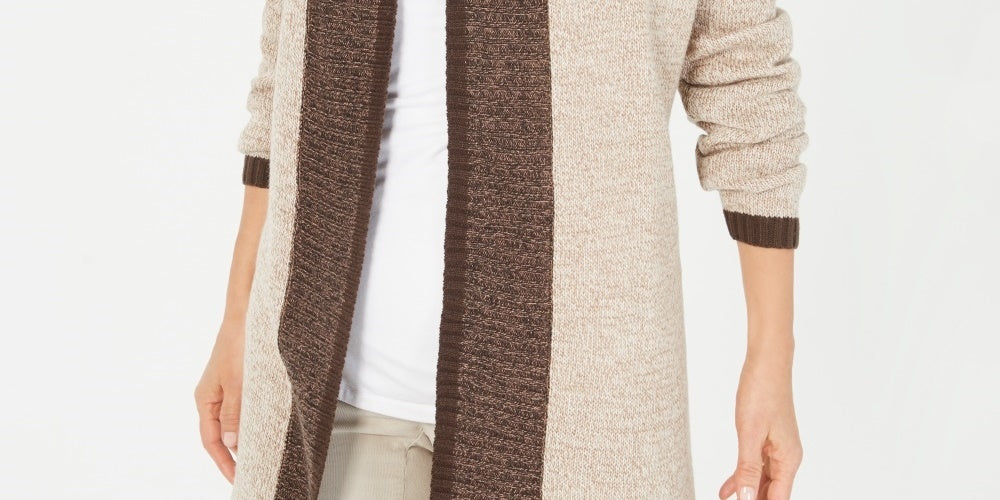 Karen Scott Women's Contrast-Trim Open-Front Cardigan Brown Size Small