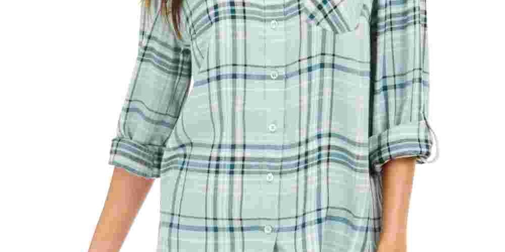 Style & Co Women's Plaid One-Pocket Shirt Green Size Small