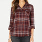 Style & Co Women's Petite Cotton Tab-Sleeve Plaid Shirt  Purple Size Petite Medium